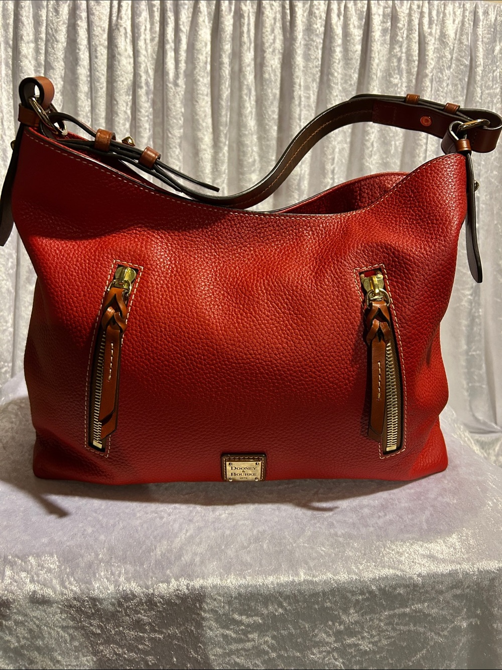 Dooney & Bourke Red Pebbled Leather Shoulder Bag with Brown Trim